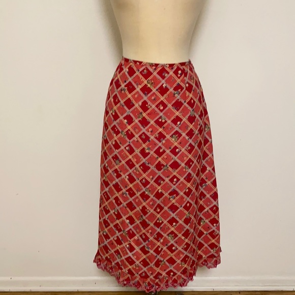 Free People Rayon Red Checkered Floral Skirt 7 - Picture 1 of 5